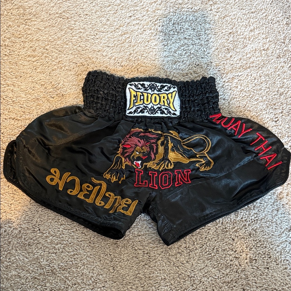 Fluory Black Muay Thai Shorts with Lion Design 8-10 years